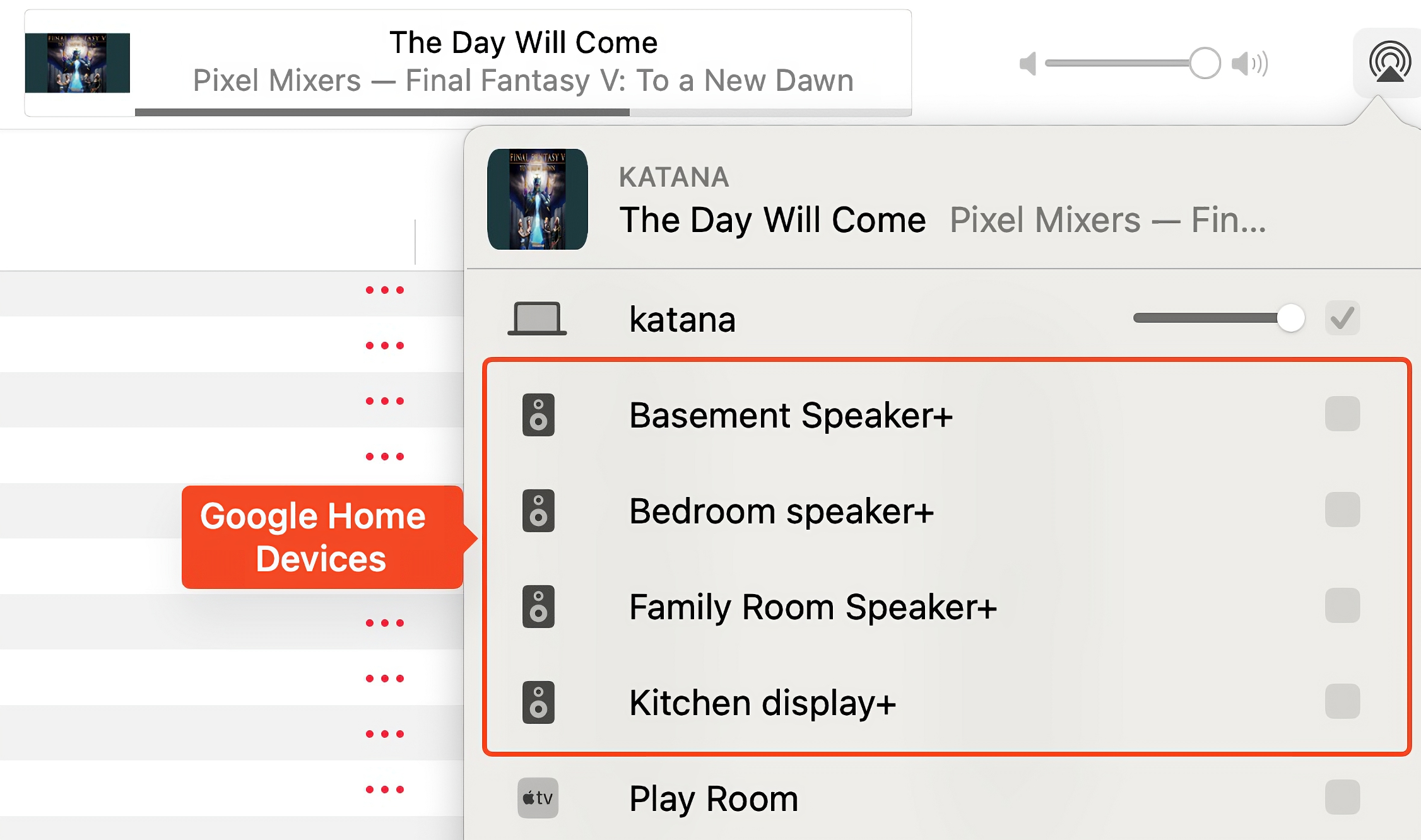 Screenshot of my Google Home speakers showing up under the AirPlay selection list within Apple&#39;s Music app in macOS.
