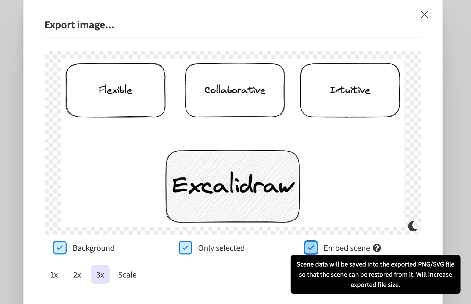 &#39;A screenshot of the Excalidraw export modal with the embed scene tooltip shown.&#39;