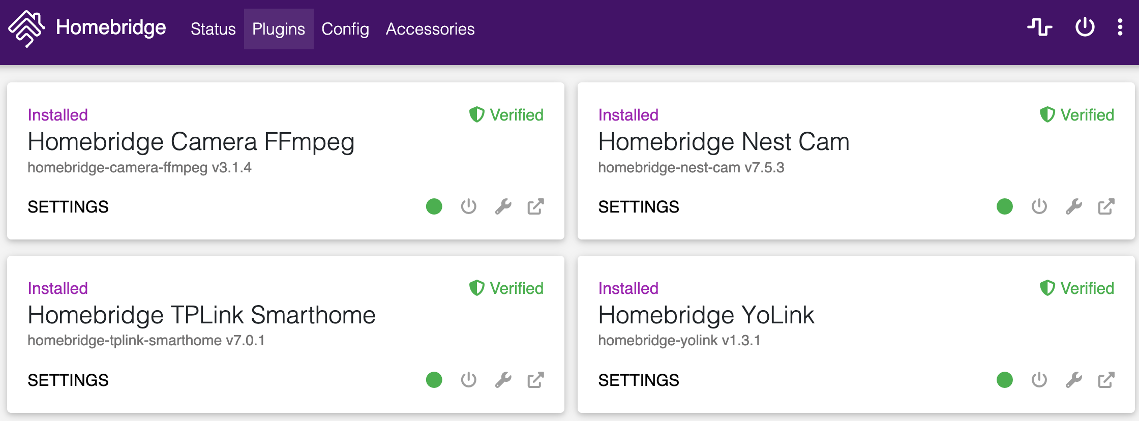 'My Homebridge UI with the current installed plugins for my smart devices'