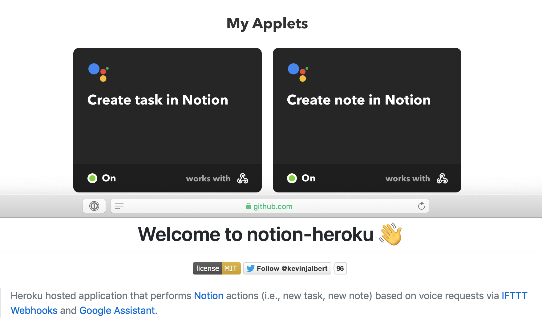 'My Google Assistant IFTTT Applets alongside the `notion-heroku` GitHub repository'