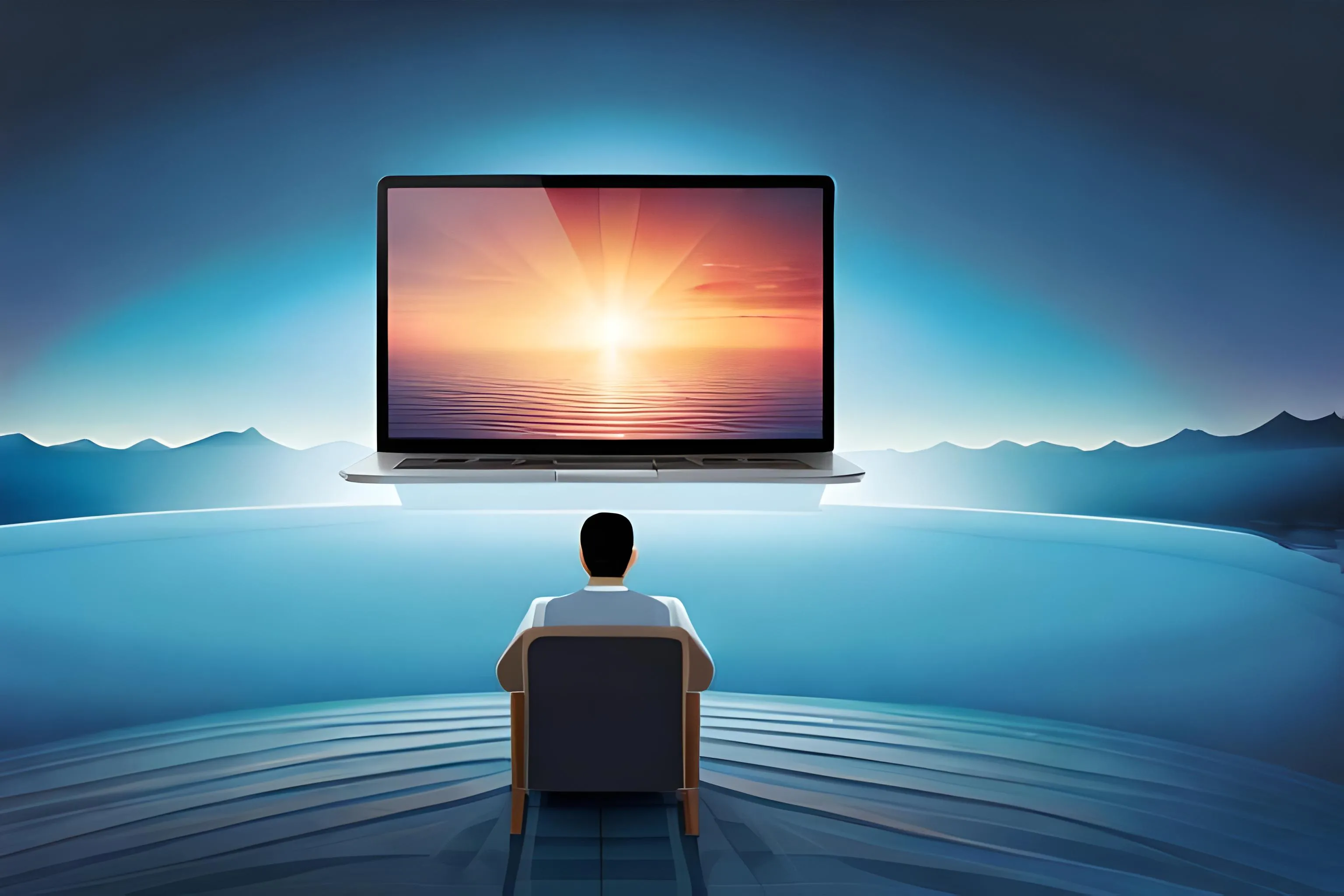 An AI-generated image (using <a href="https://www.bluewillow.ai/">BlueWillow</a>) with the prompt &#39;Viewing behind a man looking at a laptop screen that shows an image of water with a drop hitting it, vector design --ar 3:2&#39;