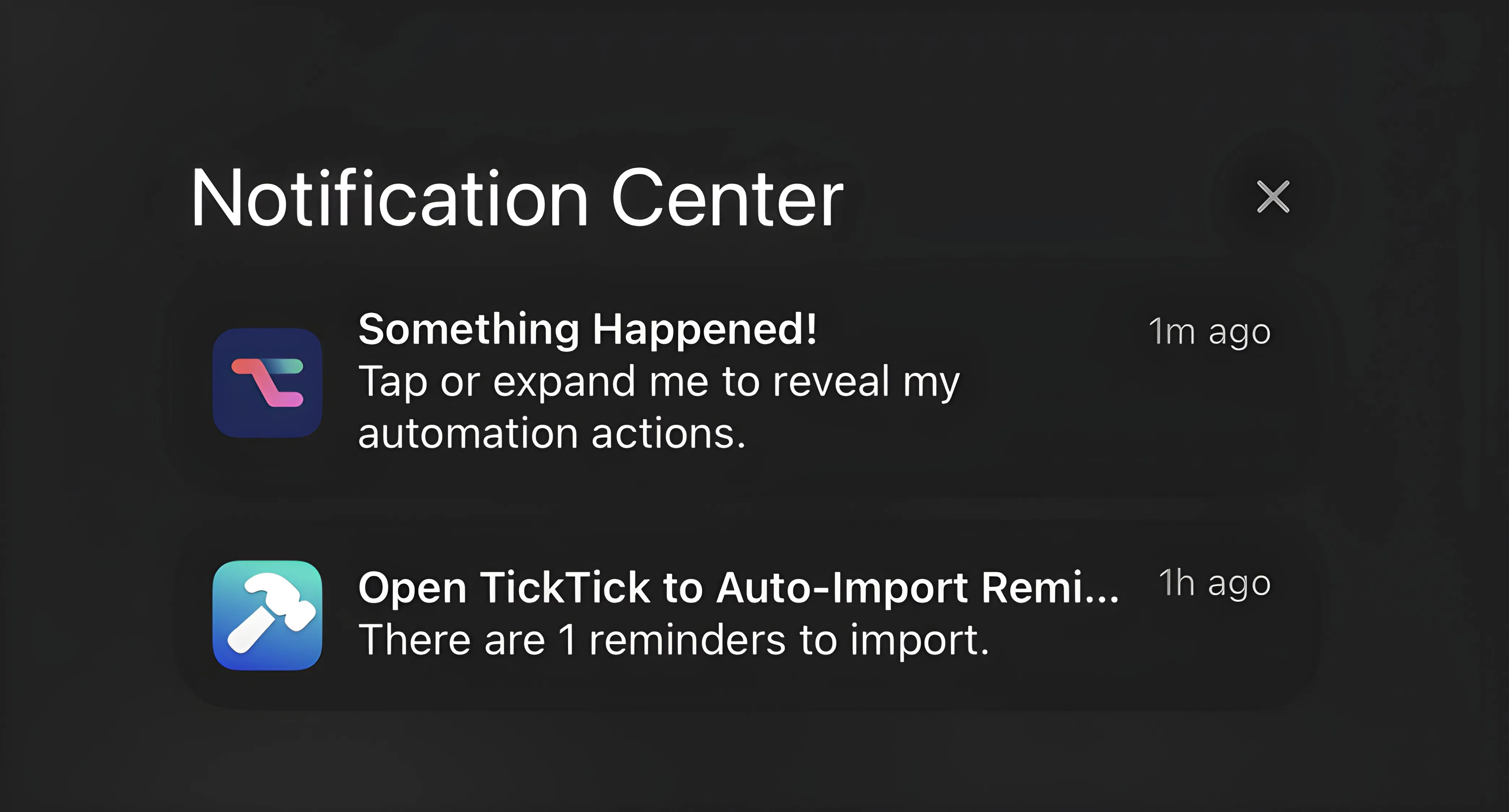 'Two actionable notifications (via Pushcut and Toolbox Pro) on my iOS device.'