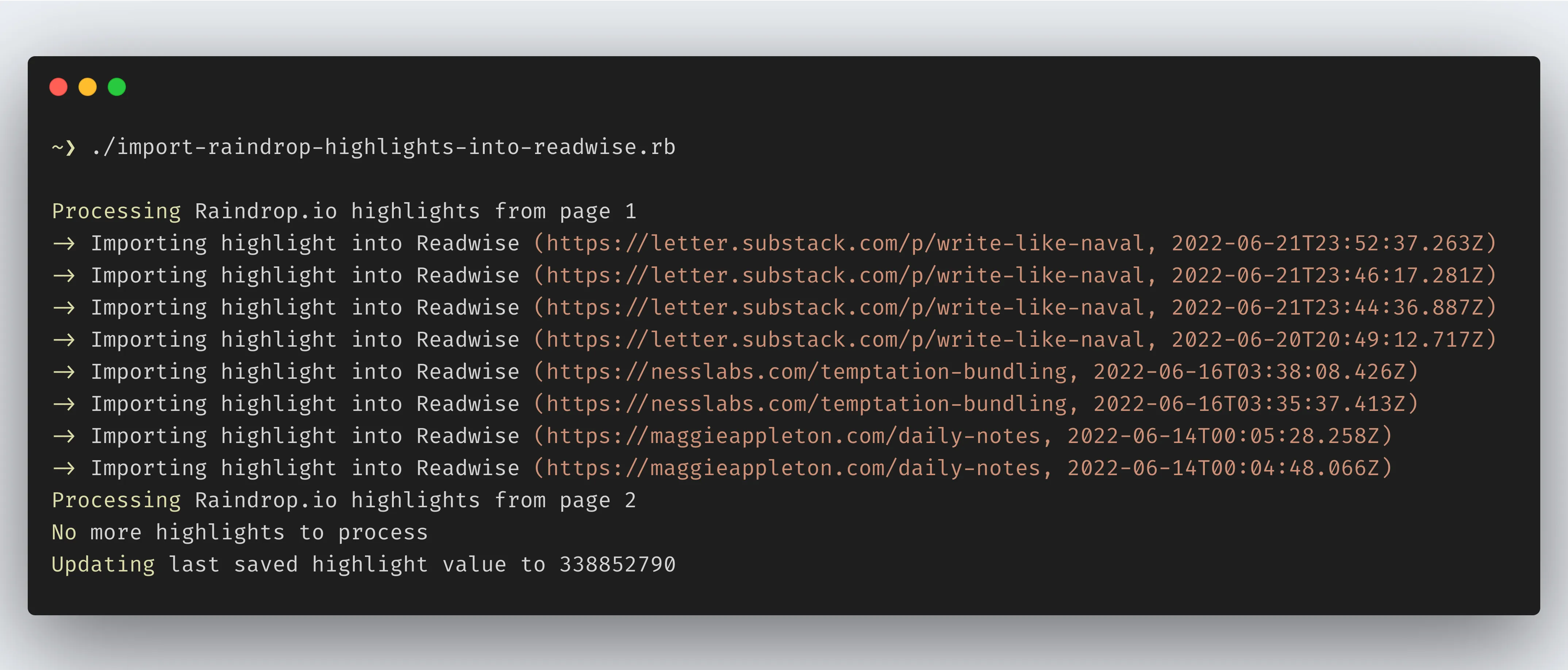 &#39;The output of the import script. Generated with <a href="https://carbon.now.sh/">Carbon.now.sh</a>.&#39;