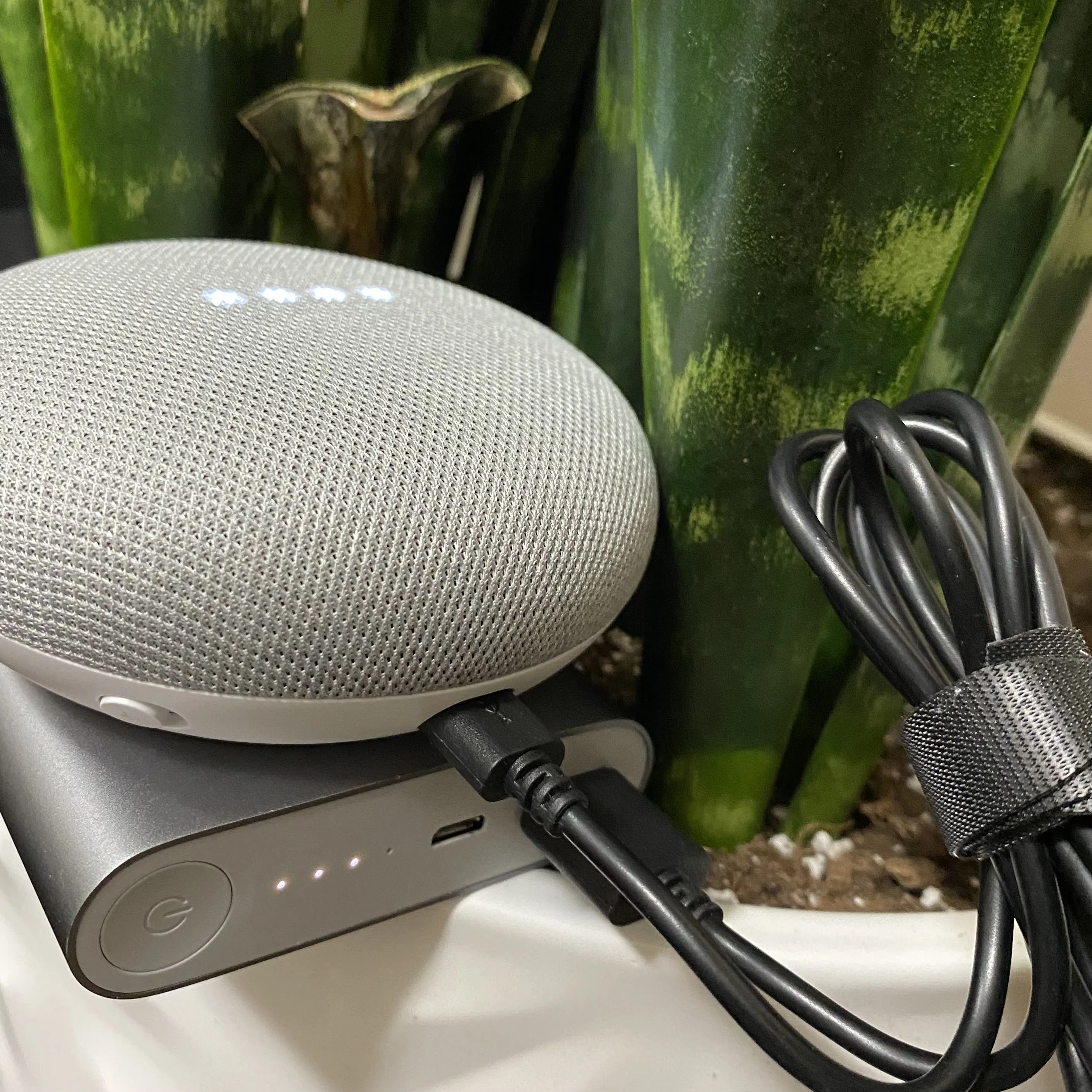 'My Google Home Mini connected to a USB battery bank.'