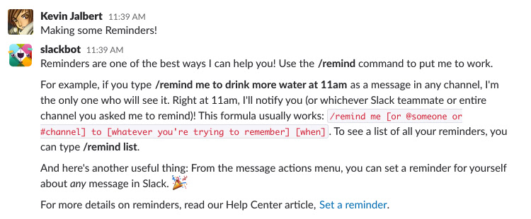 Screeshot of Slack's Reminder Help