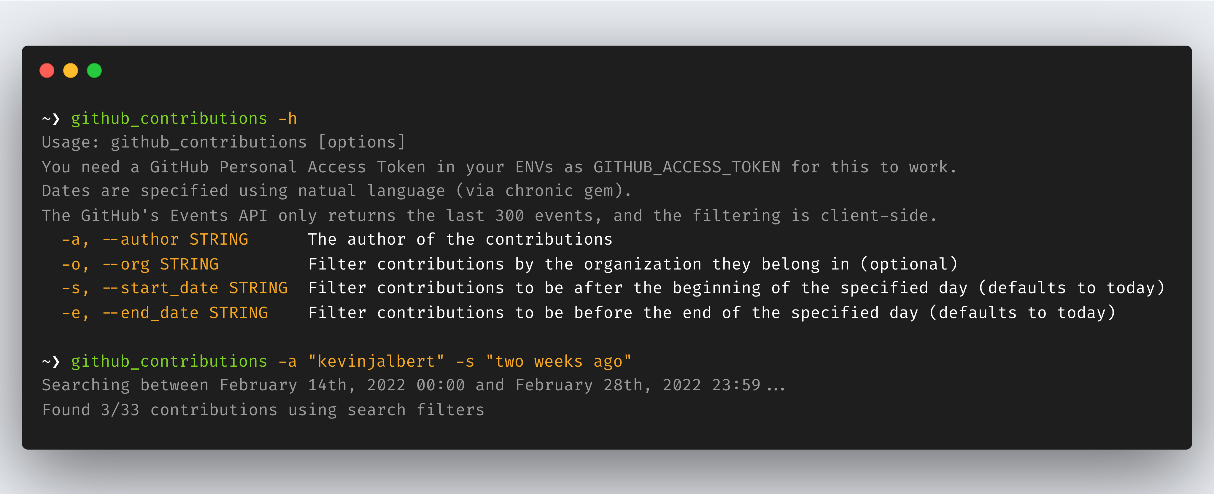 Screenshot (using [Carbon](https://carbon.now.sh/)) showing the CLI of `github_contributions`.